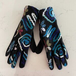 Simons Stylish Embroidered Touch Screen Gloves Black & Multi Color Fleece Lined